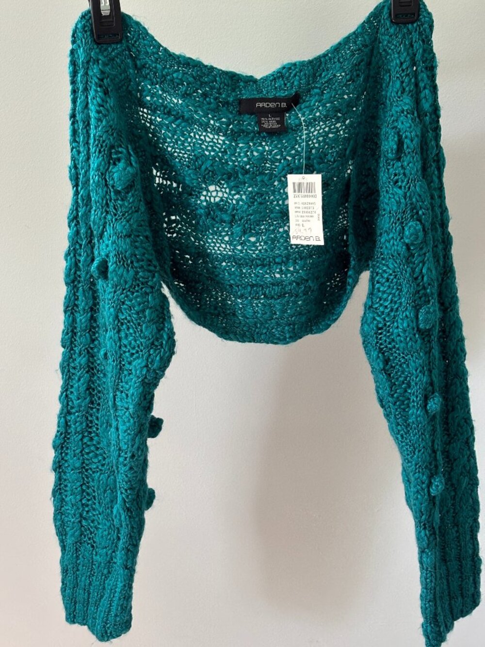 Arden B Teal Popcorn Knit Cropped Sweater Large NWT